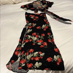 Olivaceous Black Maxi Dress with Red Floral Design